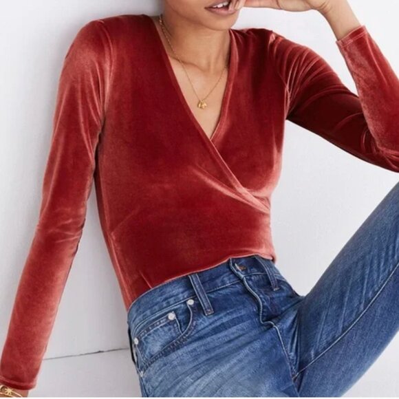 Madewell Small Deep V Cross Body Rust Velvet Bodysuit - Picture 1 of 11